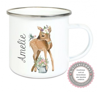 ♥ Tasse Emailletasse Becher Rehlein Reh Vögelchen tolle Farben, Wunschname, Einschulung KITA Dankeschön, Abschied, Jubiläum, Geschenk, Becher von Lüttentüddel